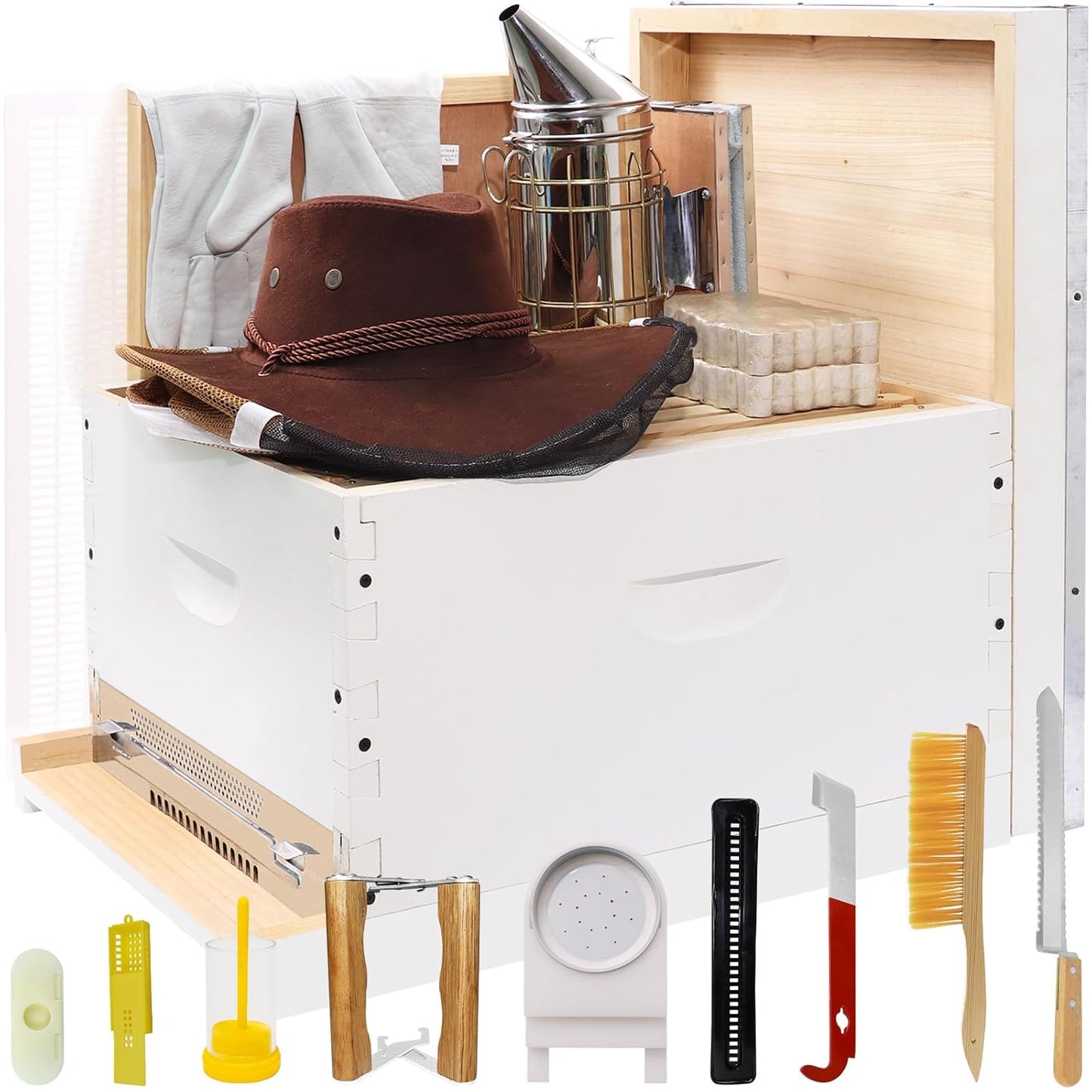Newest 8 Frame Beehive Starter Kit Hand Painted Includes Beekeeping Supplies Tools and Sting Proof Bee Suit