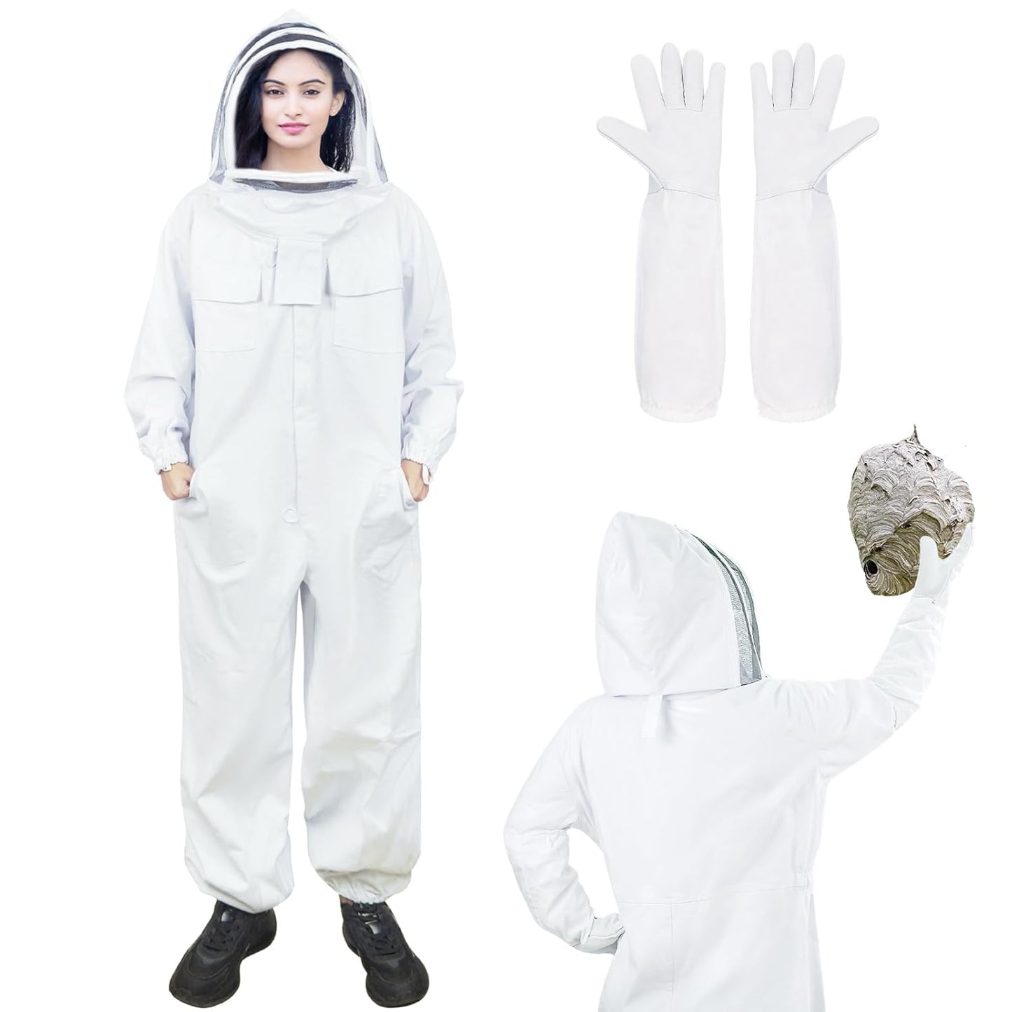 Bee Suit Sting Proof for Women Men, Full Body Bee Keeper Suits with Gloves & Veil Hood for Removing Yellow Jacket Wasp Nests (L)