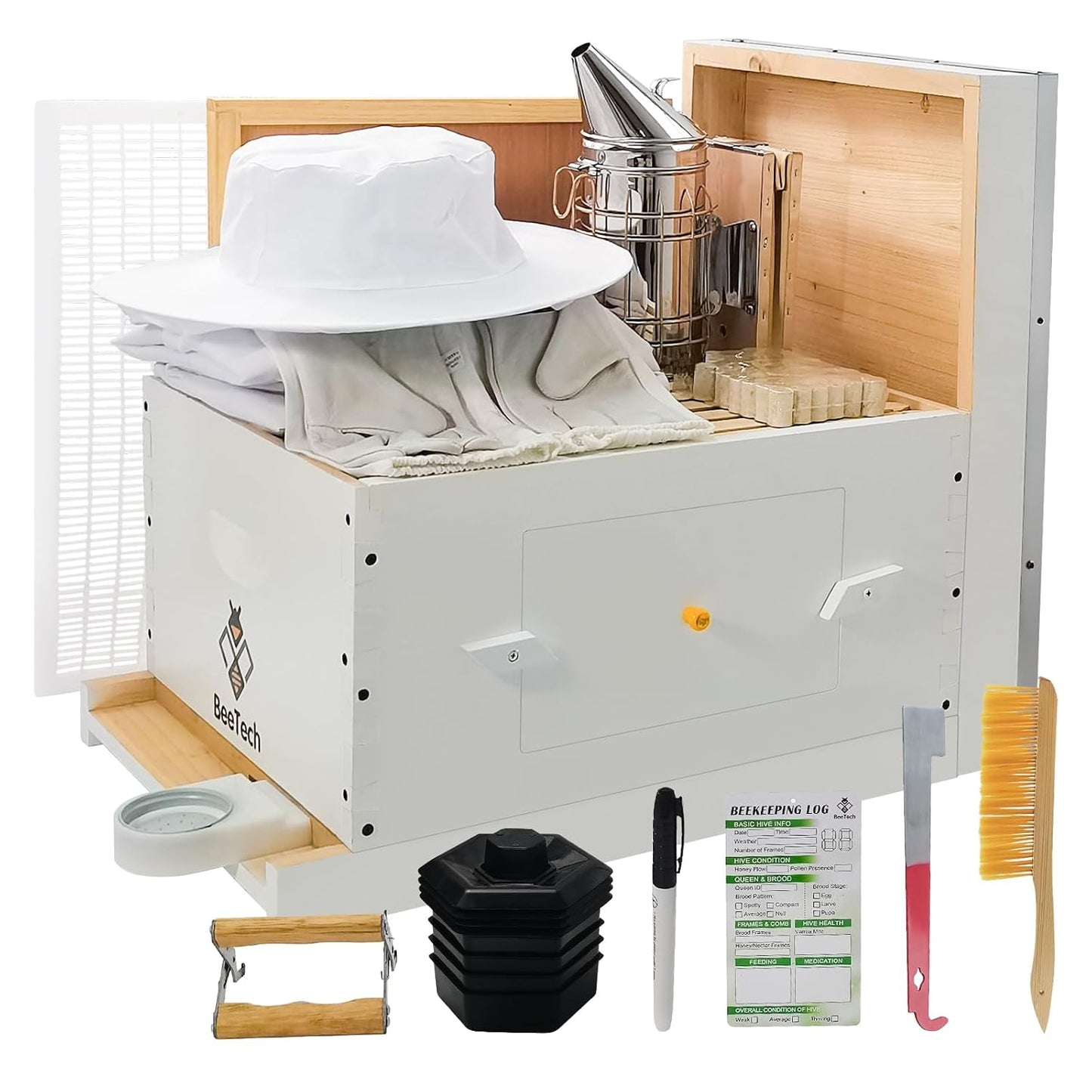 Newest 8 Frame Beehive Starter Kit Hand Painted Includes Beekeeping Supplies Tools and Sting Proof Bee Suit
