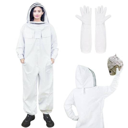 Bee Suit Sting Proof for Women Men, Full Body Bee Keeper Suits with Gloves & Veil Hood for Removing Yellow Jacket Wasp Nests (L)