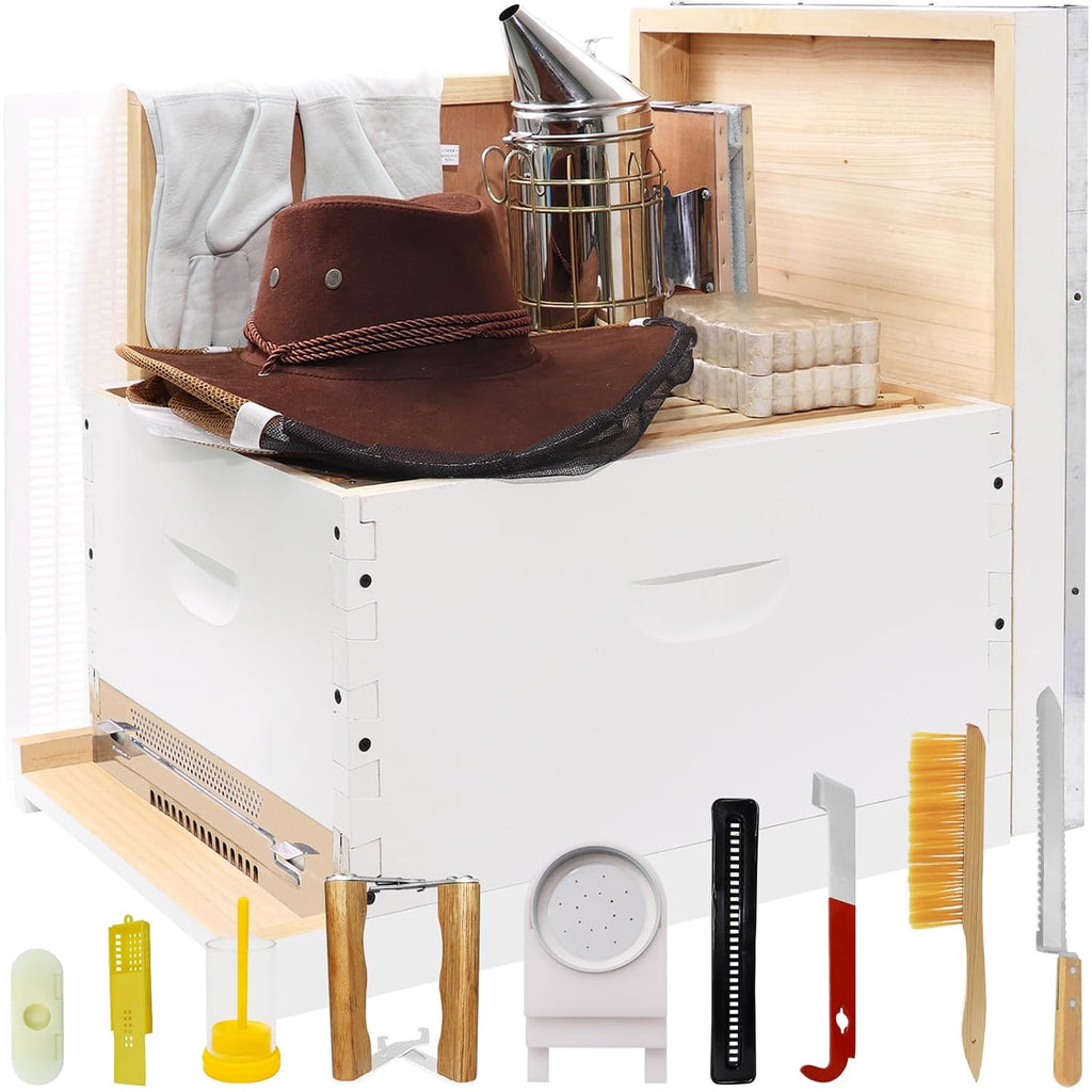 8 Frame Bee Hives Boxes Starter Kit Hand Painted Beehive Starter Kit Includes Beekeeping Supplies Tools and Cowboy Bee Hat