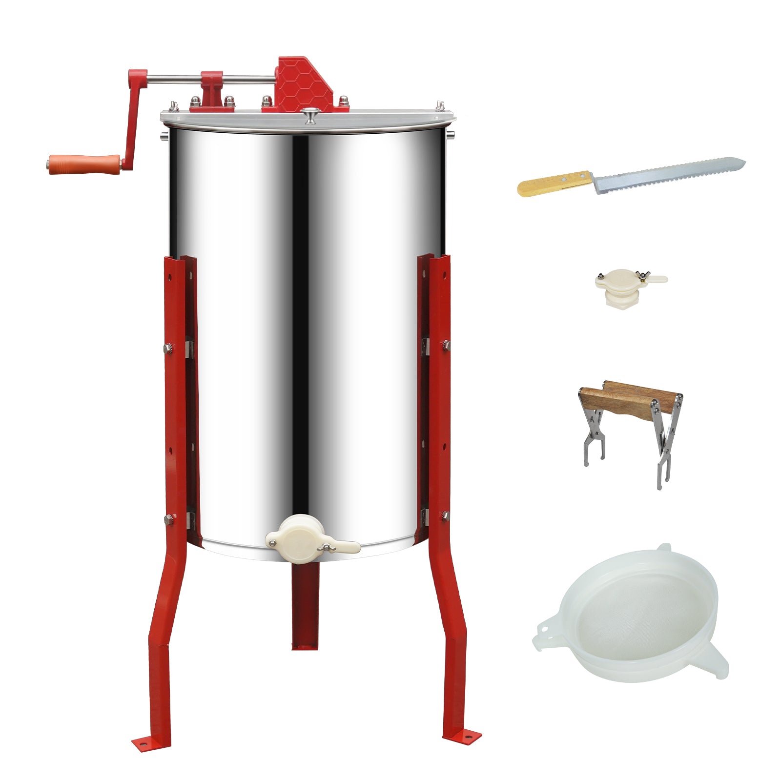 BeeTech 2/4 Frames Manual Honey Extractor Kit Include Frame Grip, Uncapping Knife and Double Sieve for Beekeeping Starter Harvest Honey