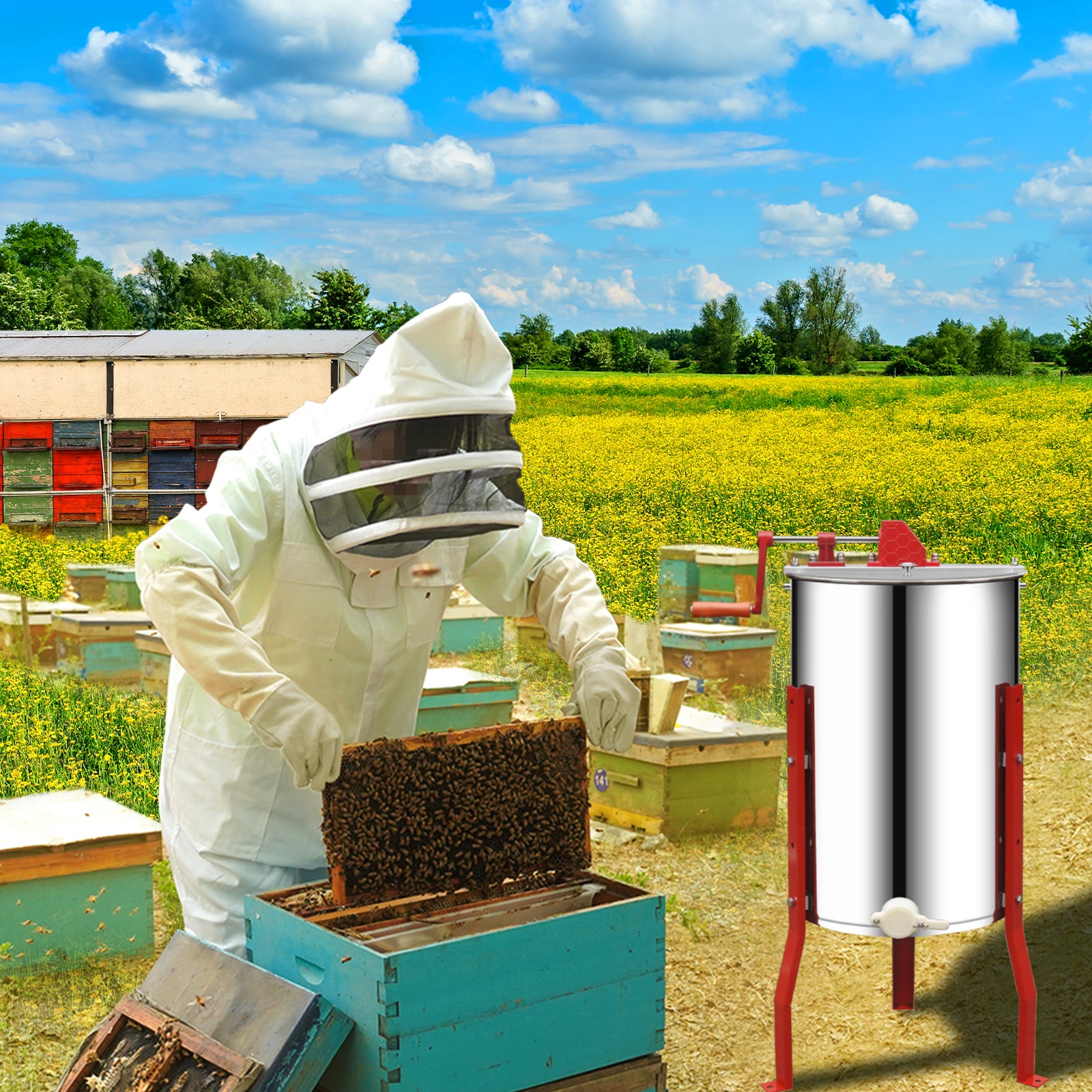 BeeTech 2/4 Frames Manual Honey Extractor Kit Include Frame Grip, Uncapping Knife and Double Sieve for Beekeeping Starter Harvest Honey