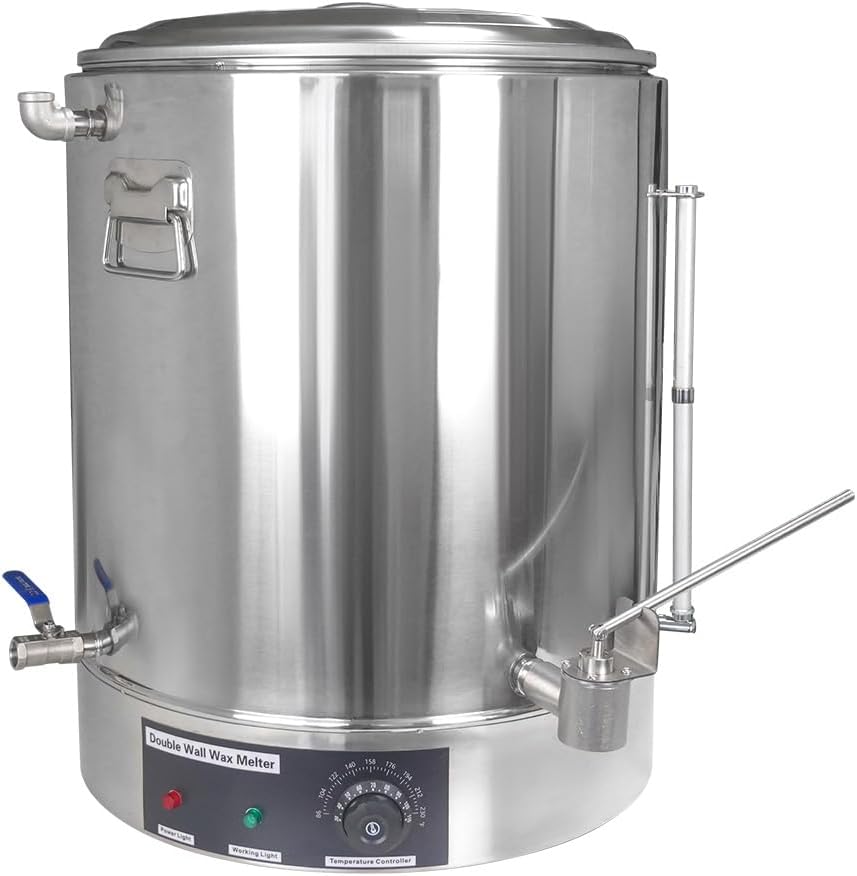 Heated Honey Bottling Tank, 19 Gallon Stainless Steel Double Wall Wax Melter with No Drip Honey Gate Valve and Strainer, Adjustable Temperature, for Storage and Bottling Honey