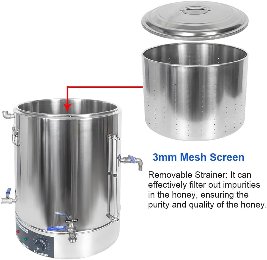 Heated Honey Bottling Tank, 19 Gallon Stainless Steel Double Wall Wax Melter with No Drip Honey Gate Valve and Strainer, Adjustable Temperature, for Storage and Bottling Honey