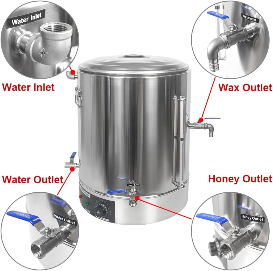 Heated Honey Bottling Tank, 19 Gallon Stainless Steel Double Wall Wax Melter with No Drip Honey Gate Valve and Strainer, Adjustable Temperature, for Storage and Bottling Honey